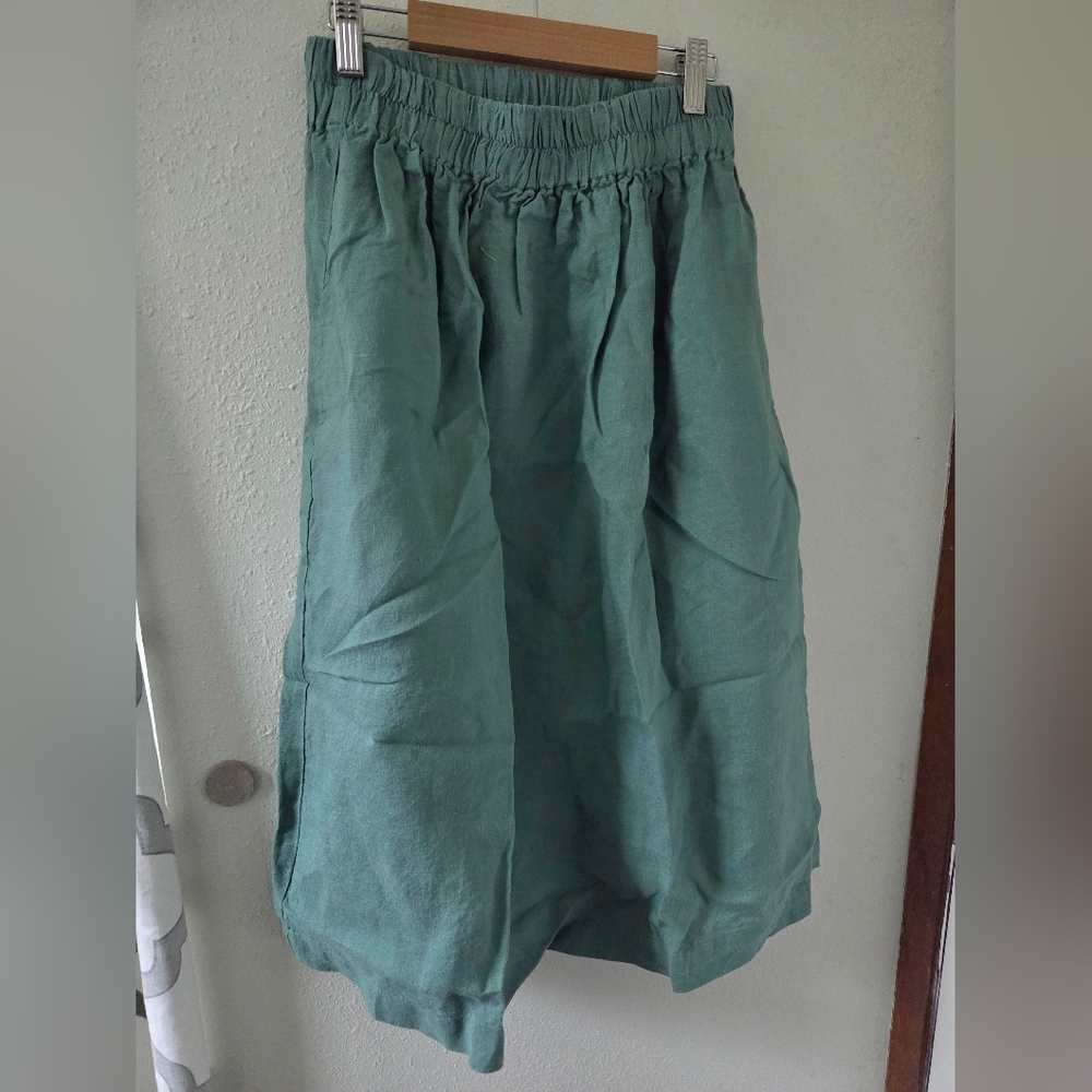 Linenia 100% Linen Midi Skirt Small Green Teal